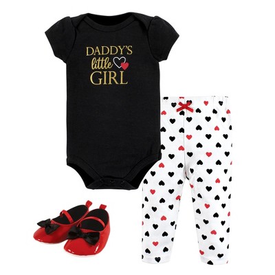 Image of Hudson Baby Infant Girl Cotton Bodysuit, Pant and Shoe Set, Girl Daddy Red Black, 3-6 Months