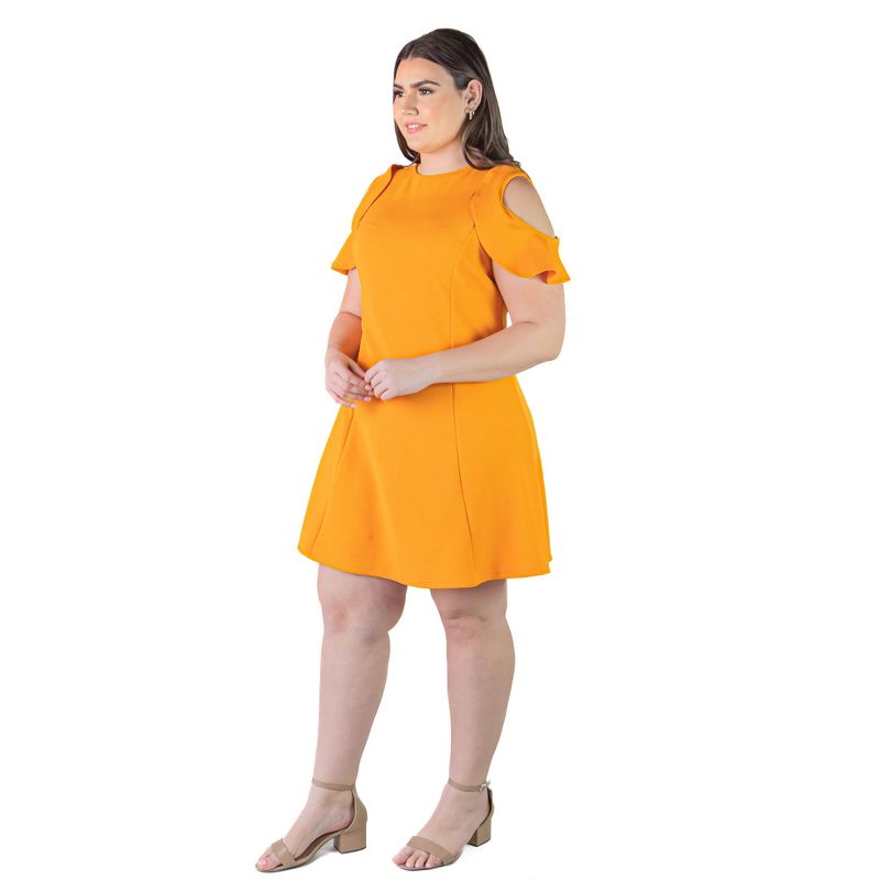 24seven Comfort Apparel Plus Size Ruffle Cold Shoulder A Line Knee Length Dress, 2 of 7
