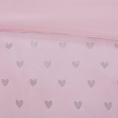 Pink Microfiber Full Kids Comforter Set with Metallic Hearts