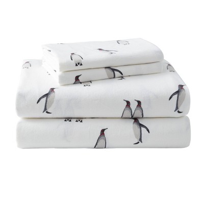 Full Gray Cotton Flannel Sheet Set with Penguin Pattern