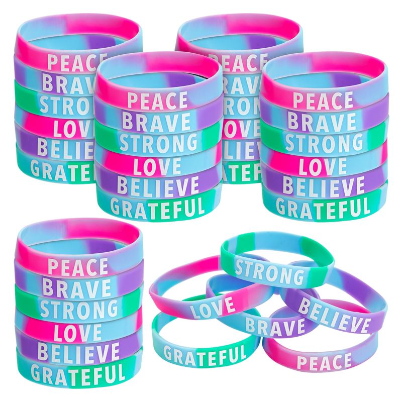 Blue Panda 36 Pack Inspirational Rubber Bracelets, Motivational Silicone Wristbands, Tie Dye Party Favors for Kids and Adults, 1 of 8