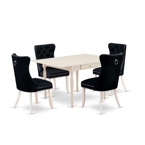 East West Furniture, 5 Piece Dining Table Set Consists of a Rectangle Solid Wood Table with Dropleaf and 4 Upholstered Chairs, linen white - 1 of 4