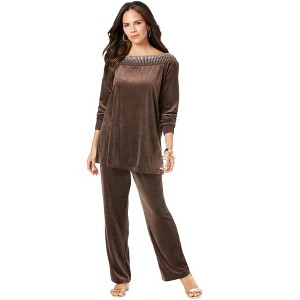 Roaman's Women's Plus Size Rhinestone-Detailed Velour Set - 1 of 4