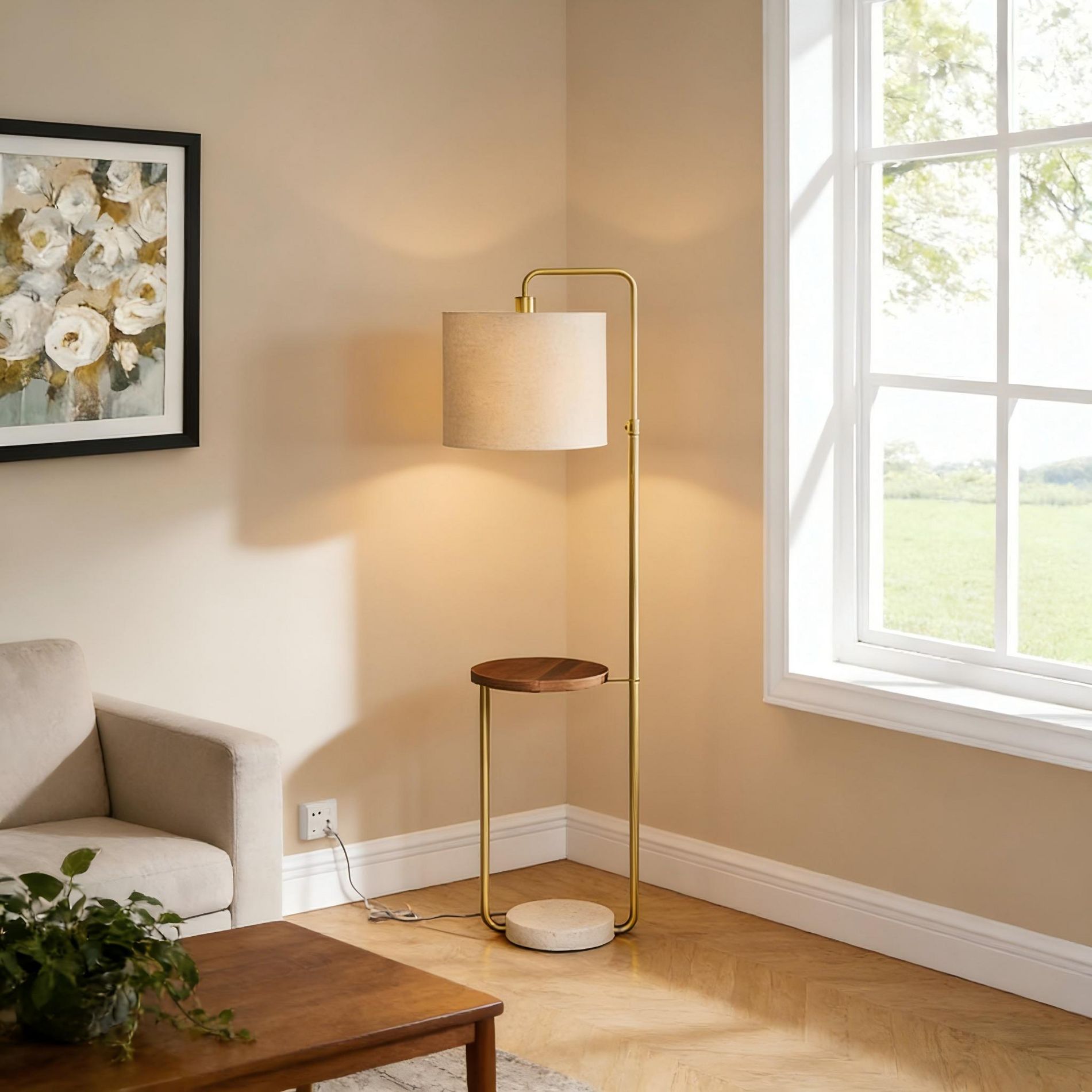 LOVSON Lighting, 67"h, Floor Lamp, Usb Port Included, Brass Metal, Beige Shade, Contemporary