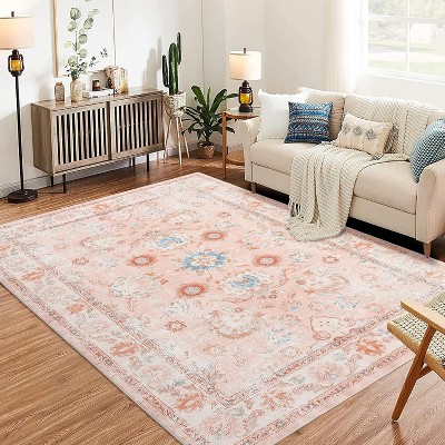 8x10 Pink Floral Medallion Area Rug, Washable Boho Print Low-Pile Carpet, Non-Slip Soft Accent Rug for Living Room, Bedroom, Office