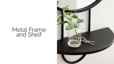 Gold Round Mirror with Wood Shelf, 19" x 33"