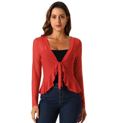 INSPIRE CHIC Women's Long Sleeves Self Tie Ruffle Mesh Casual Bolero Cardigan
