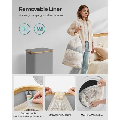 Collapsible Dove Gray Bamboo Laundry Hamper with Lid and Removable Mesh Liner