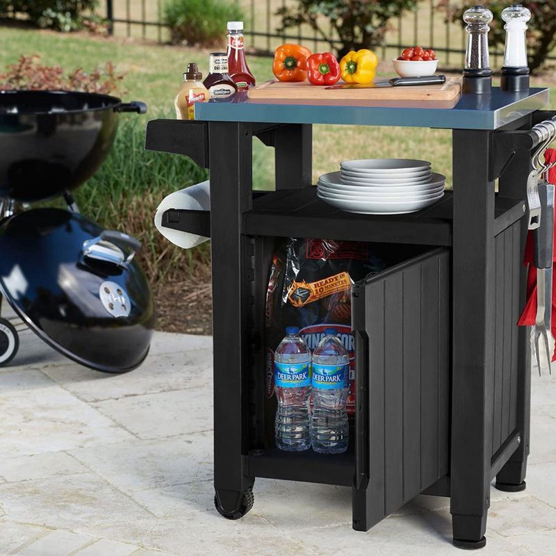 Keter Unity Portable 40 Gal Outdoor Table and Storage Cabinet w/ Accessory Hooks, Stainless Steel Top for Patio Kitchen Island or Bar Cart, 4 of 7