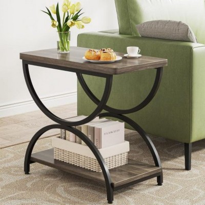 Syemin End Tables Industrial 2-Tier End Table, Vintage Wood Side Table, Nightstand Bedside Table,  Accent Chairside Table, Gray, 15.75"*23.62"*23.62"