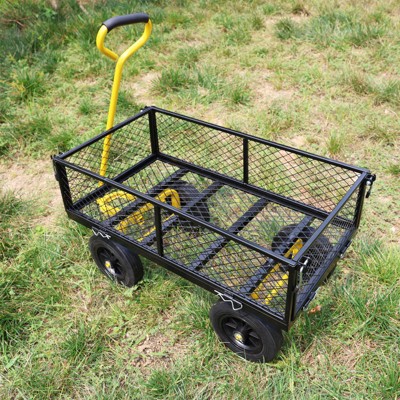 FURNIinspire Wheelbarrows And Lawn Carts Tools Cart Wagon Cart, Garden Cart Trucks With Solid Wheels And Yellow Handle, Black, 37“*19"*40"