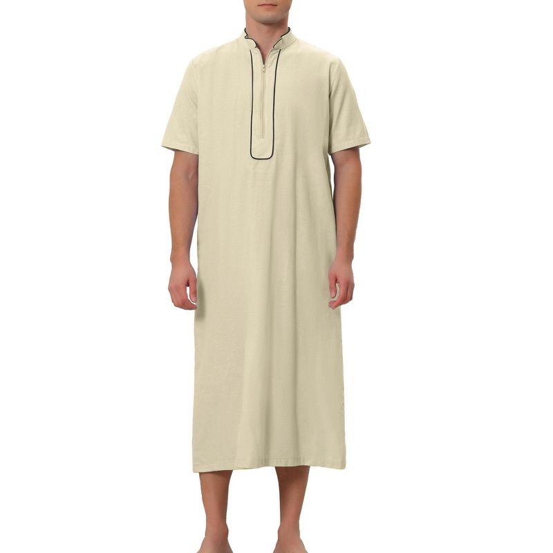 Lars Amadeus Men's Loose Fit Short Sleeves Stand Collar Zipper Long Nightgown, 1 of 6