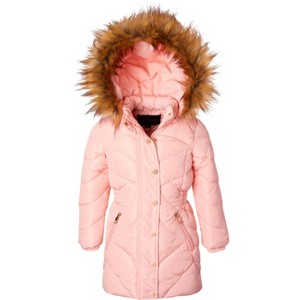 Sportoli Girls Fleece Lined Quilted Midlength Fur Trimmed Hood Winter Puffer Coats - 1 of 4