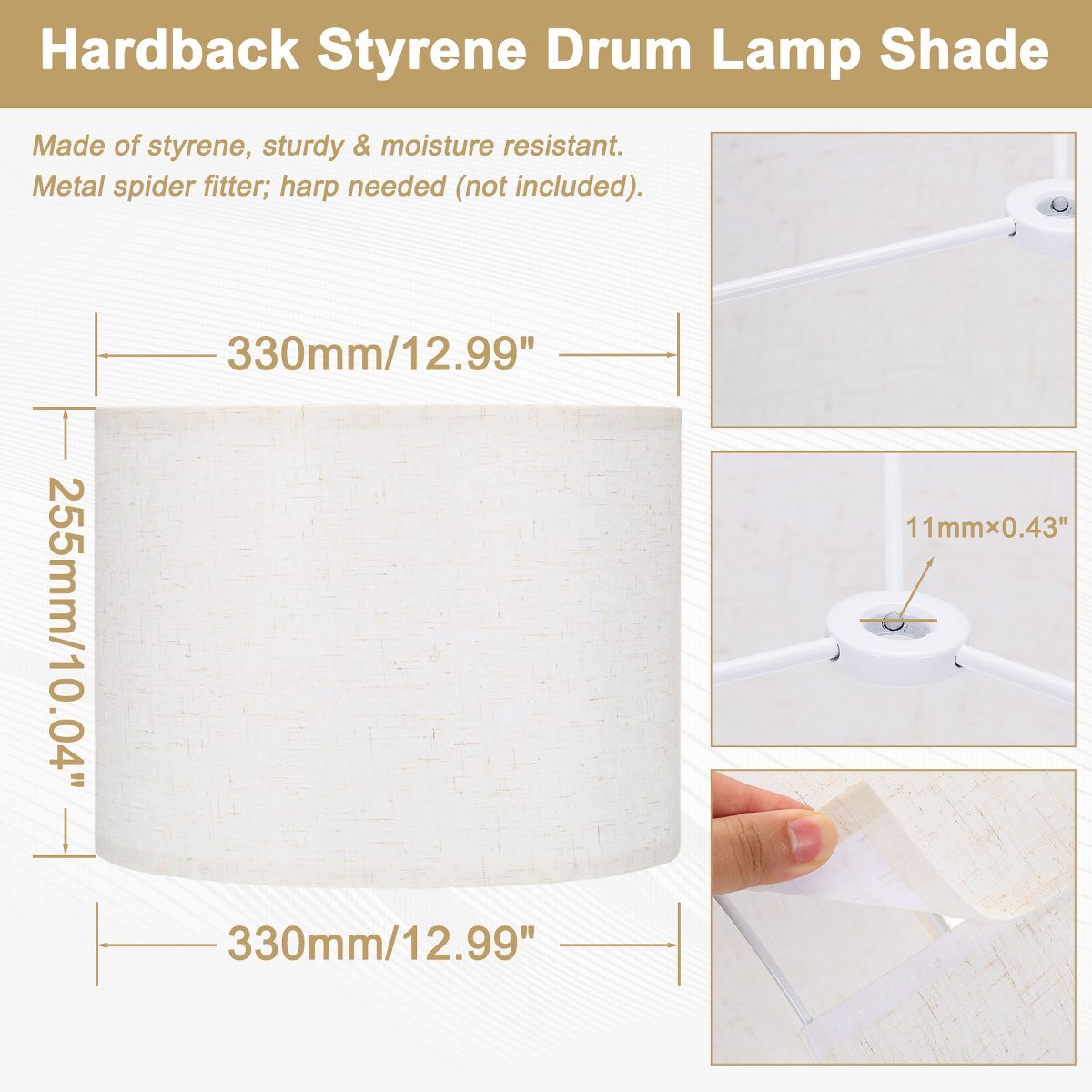 Unique Bargains Natural Polystyrene Drum Hard-back Lampshade 13" Top x 13" Bottom x 10" High 1 Pc - thumbnail 9
