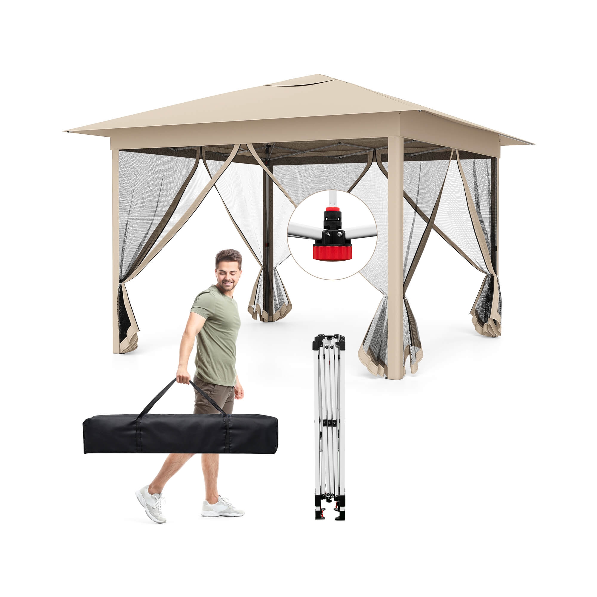 Costway 11.5 X 11.5 FT Easy Pop-up Canopy with Mesh Screen Netting, Air Vent, 4 Doors, Bag Beige