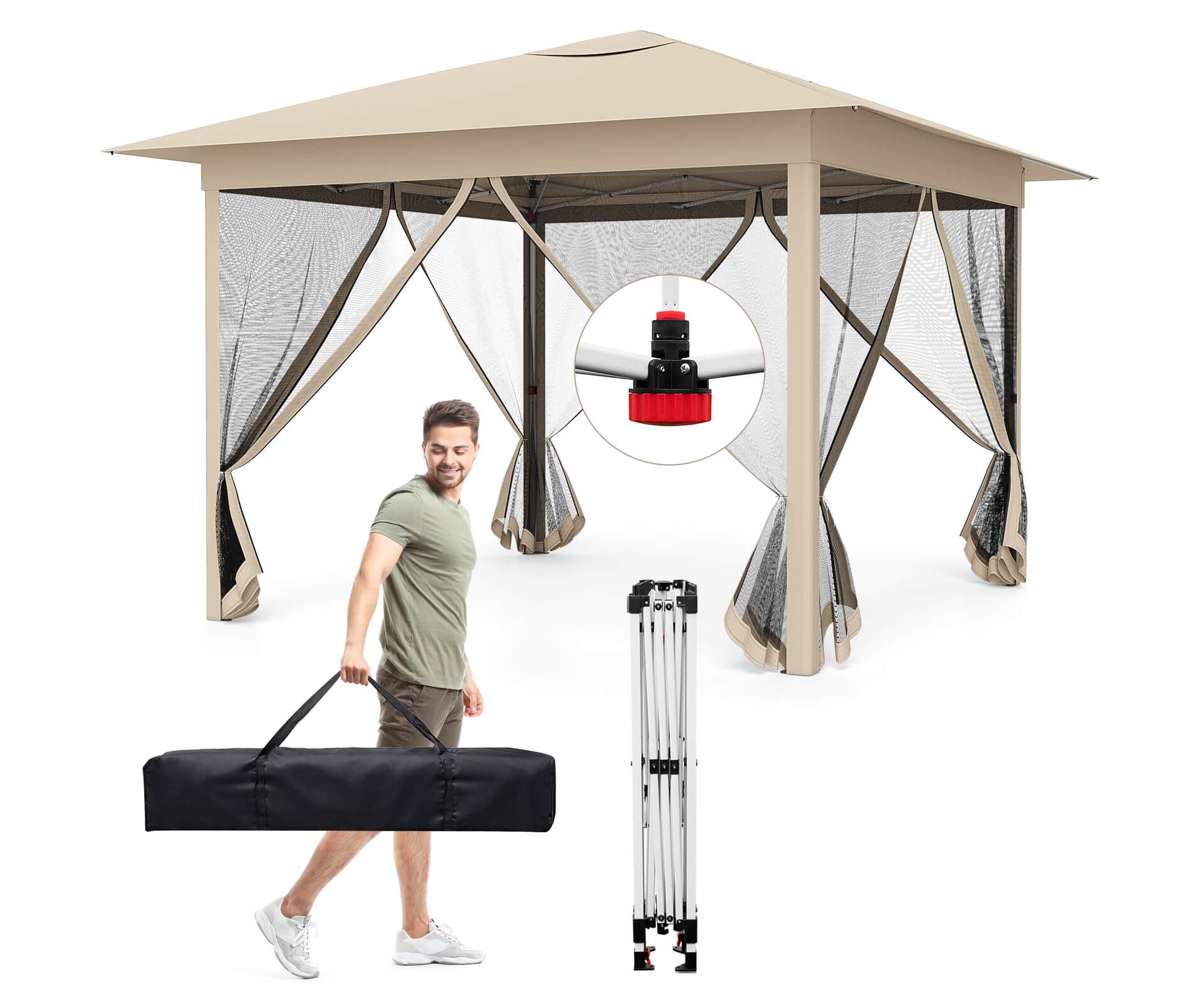 Costway 11.5 X 11.5 FT Easy Pop-up Canopy with Mesh Screen Netting, Air Vent, 4 Doors, Bag Beige/Brown