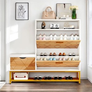 2 Flip Drawers Entryway Storage Bench Shoe Rack Cabinet Standing Organizer Wood - 1 of 4