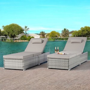 Mshliw Outdoor Chaise Lounge Chair Set of 2 with Adjustable Backrest and Cushions for Poolside, Garden, Patio, Beach - Gray Rattan with Red Cushions - 1 of 4
