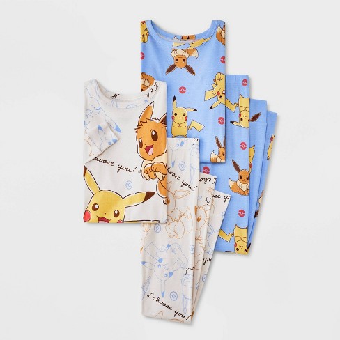 Girls Pokemon Pikachu Eevee 4pc Long Sleeve Cotton Snug Fit Pajama Set White blue Target