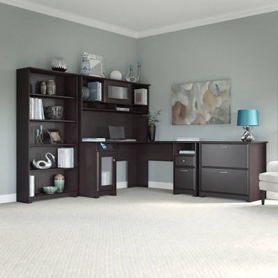 Espresso Oak L-Shaped Computer Desk with Hutch and Storage