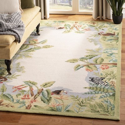 Handmade Beige and Green Wool Floral Rectangular Area Rug