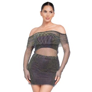Slickblue Women's Sheer Off-Shoulder Crop Top, Shirred Fishnet Design, Festival Style, Black/Grey & Silver/Tan, Size S-L - 1 of 4