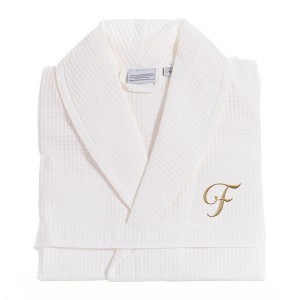 Linum Home Textiles 100% Turkish Cotton Unisex Personalized Waffle Weave White Bathrobe in Gold Script Font - 1 of 1