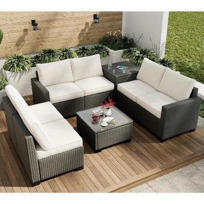 8-Piece Outdoor Patio Furniture Set, Rattan Patio Conversation Sets with Glass Coffee Table and Hidden Storage Box, Patio Sectional Furniture Sets