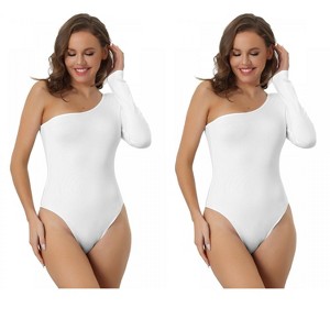Allegra K Women's One Shoulder Stretchy Long Sleeve One Piece Body Shapers 2 Packs - 1 of 4