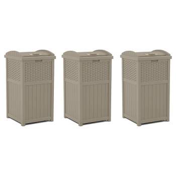 Suncast Wicker Plastic Outdoor Hideaway Trash Can with Sturdy Base & Latching Lid for Use in Lawn, Backyard, Deck, or Patio, Dark Taupe (3 Pack)