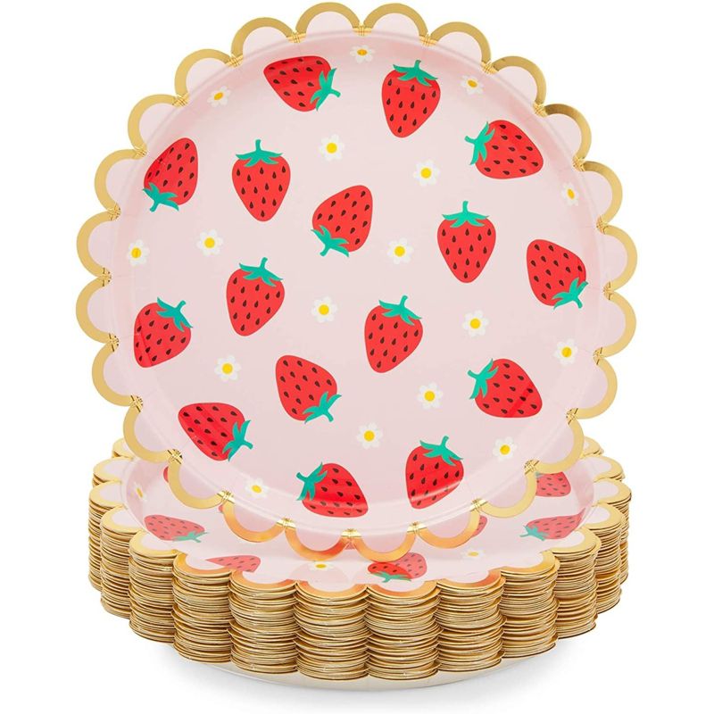 Sparkle and Bash 48-Pack Pink Disposable Paper Plates with Gold Foil for Strawberry Birthday Party 9 in, 1 of 5