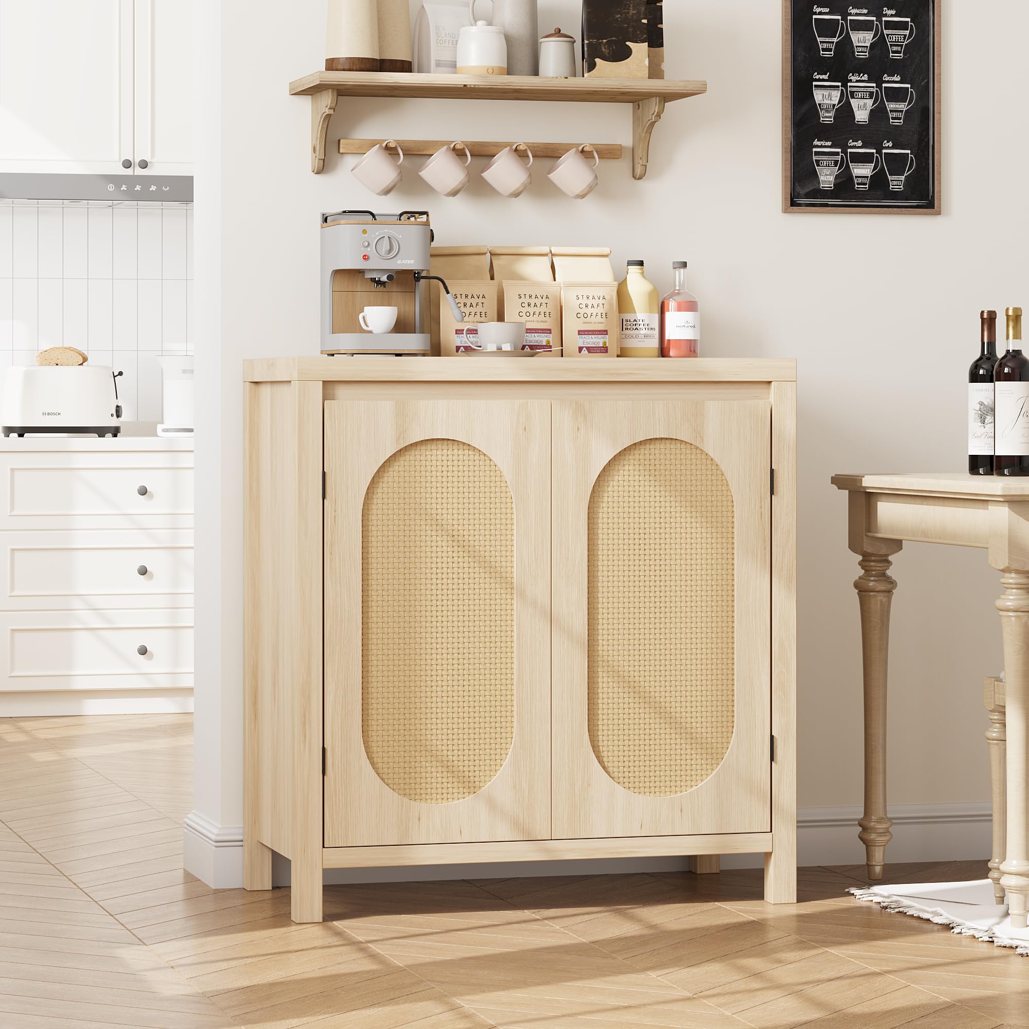 30.1'' Boho Rattan Storage Cabinet, Wooden Sideboard Buffet Cabinet with 2 Rattern Doors & Adjustable Shelves for Entryway & Living Room, Natural