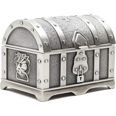 Silver Rectangle Vintage Treasure Chest Jewelry Box Storage Trinket Ring Earring Necklace Keepsake Case 2.9”x2.1”x2”