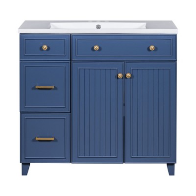 Vynxaria 36-Inch Bathroom Vanity - Ceramic Sink, 2 Drawers (1 Double-Layer), 2 Soft-Close Doors, Blue