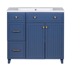 Vynxaria 36-Inch Bathroom Vanity - Ceramic Sink, 2 Drawers (1 Double-Layer), 2 Soft-Close Doors, Blue - 1 of 4