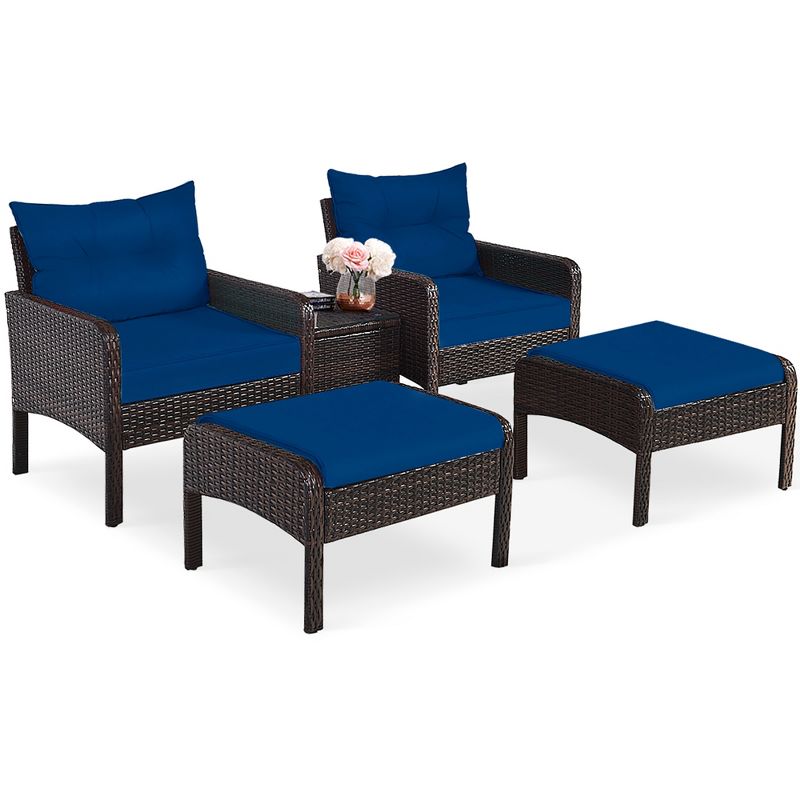 Tangkula 5PCS Patio Set Sectional Rattan Wicker Furniture Set w/ Navy Cushion, 4 of 11