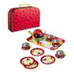 Hearthsong 15-Piece Ladybug-Themed Tin Tea Set for Kids with Carrying Case, For Pretend Play
