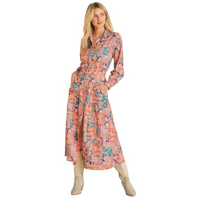 VENUS Womens Cotton Linen Shirt Midi Dress  -  8, Floral, Venetian Patchwork