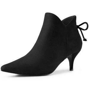 Allegra K Women's Pointed Toe Back Bow Side Zipper Kitten Heel Ankle Booties - 1 of 4