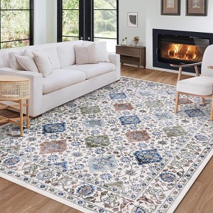 Washable Area Rug Vintage Floral - Foldable Thin Soft Low-Pile Carpet, Non-Slip TPE Backing Floor Cover for Living Room Bedroom (Machine Washable) - 1 of 4