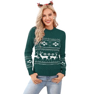 Coolmee Women's Christmas Sweater Reindeer Snowflakes Knitted Ugly Crew Neck Pullover Sweater - 1 of 4