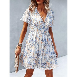 chinese dress ladies R.Vivimos Womens Summer Cotton Short Sleeve V Neck Floral Print Casual  Bohemian Midi Dresses (Small, Aqua Blue) at Amazon Women's Clothing store main image 0