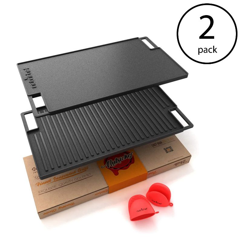 NutriChef 18 Inch Cast Iron Griddle Skillet Reversible Grilling Plate Pan For Stove Top with Heat Resistant Oven Grab Mitt, Black (2 Pack), 2 of 7