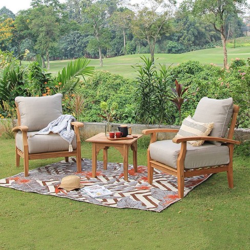 Courtyard Casual Bermuda FSC Teak 4 Piece Seating Set with Sofa, Coffee Table and 2 Club Chairs - Taupe