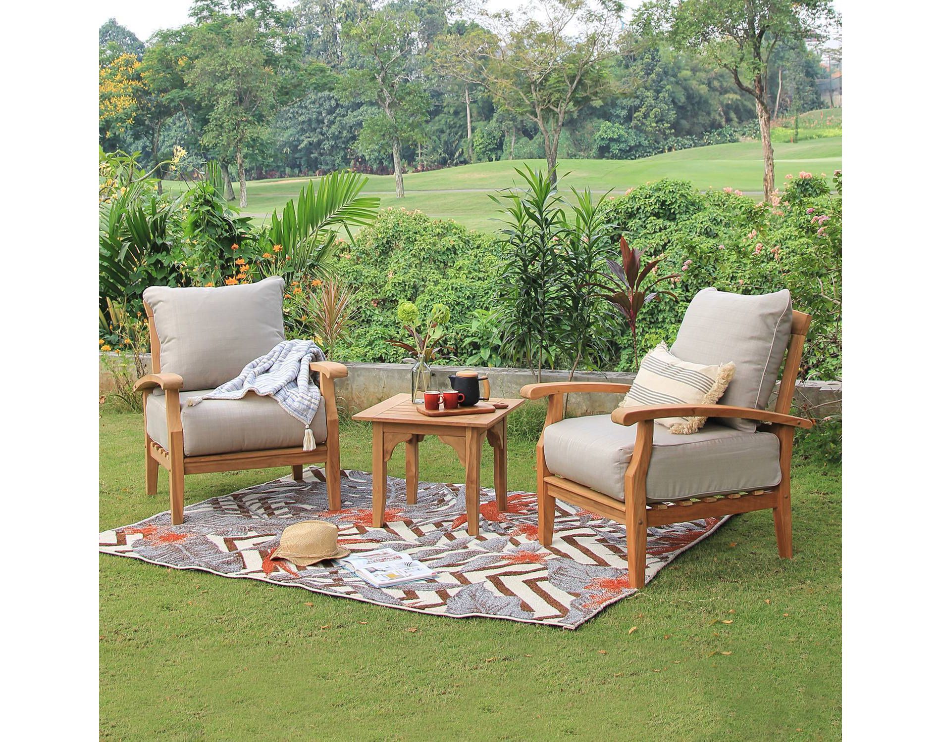 Cambridge Casual 3pc Caterina Teak Outdoor Patio Small Space Chat Furniture Set with Cushion Beige: Weather-Resistant, 2 Arm Chairs