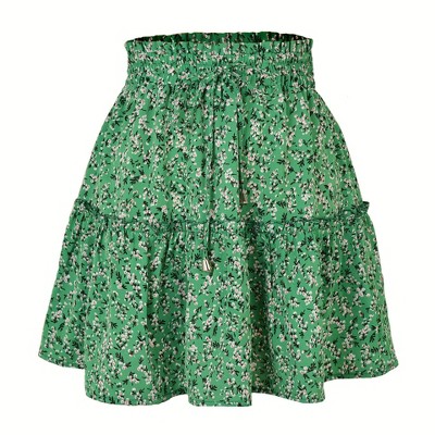 Women's Summer Drawstring Tiered Skirt Casual Floral Print Swing Beach Ruffle Mini Skirt