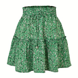 Women's Summer Drawstring Tiered Skirt Casual Floral Print Swing Beach Ruffle Mini Skirt - 1 of 4