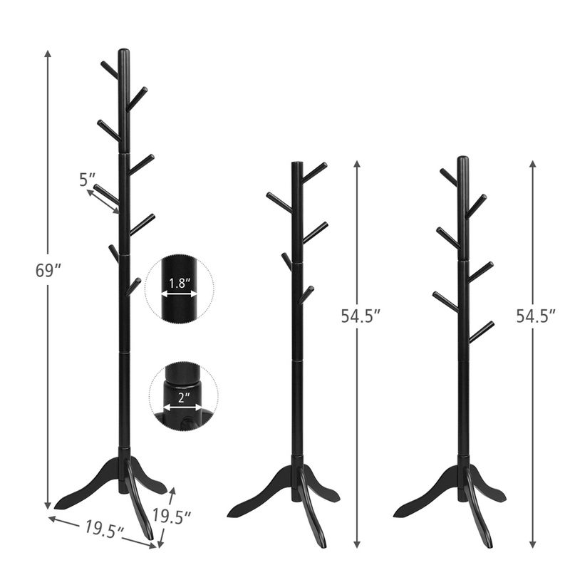 Costway Wooden Coat Rack Stand Entryway Hall Tree 2 Adjustable Height w/ 8 Hooks Gray\Brown, 3 of 11