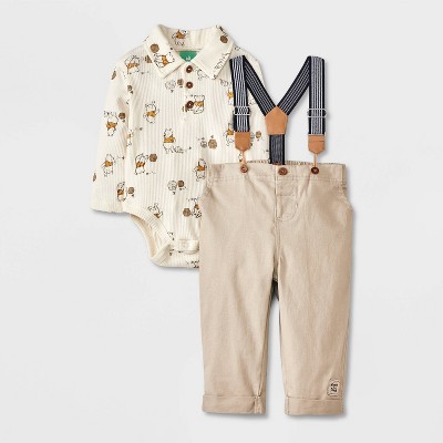 Baby Boys' Disney Winnie the Pooh Long Sleeve Bodysuit and Pants Bottom Suspender Set - Beige