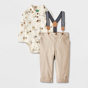 Baby Boys' Disney Winnie the Pooh Long Sleeve Bodysuit and Pants Bottom Suspender Set - Beige - 1 of 4